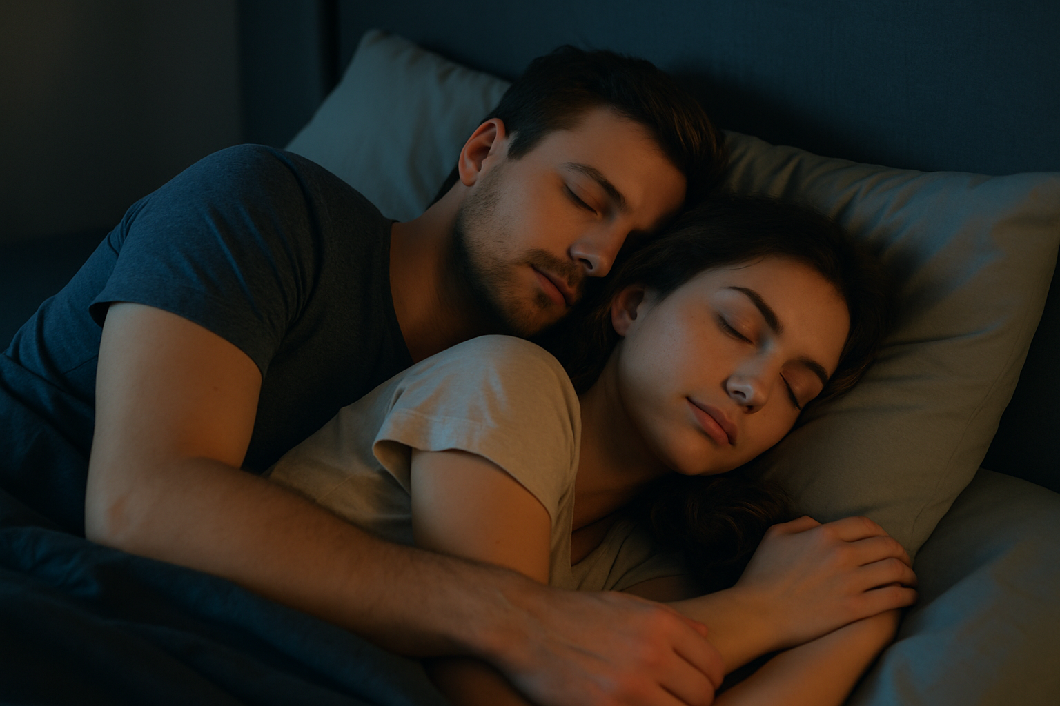 Couple endormi enlacé dans un lit illustrant pourquoi pourquoi vous dormez mieux à côté d’une personne aimée améliore le sommeil et réduit le stress