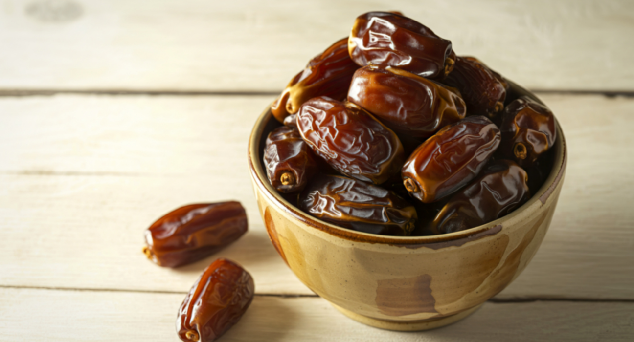 Trois dattes marocaines présentées sur une table pour la rupture du jeûne du Ramadan.