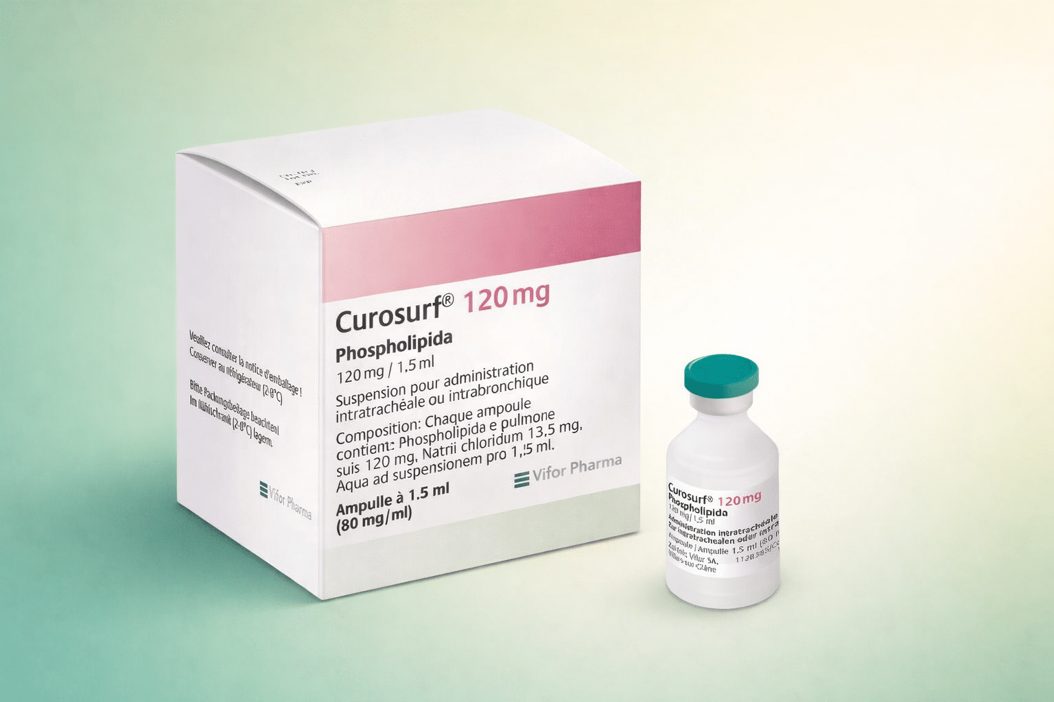 Boîte et flacon de Curosurf 120 mg, médicament utilisé en néonatologie, rappelé au Maroc pour risque de contamination microbienne