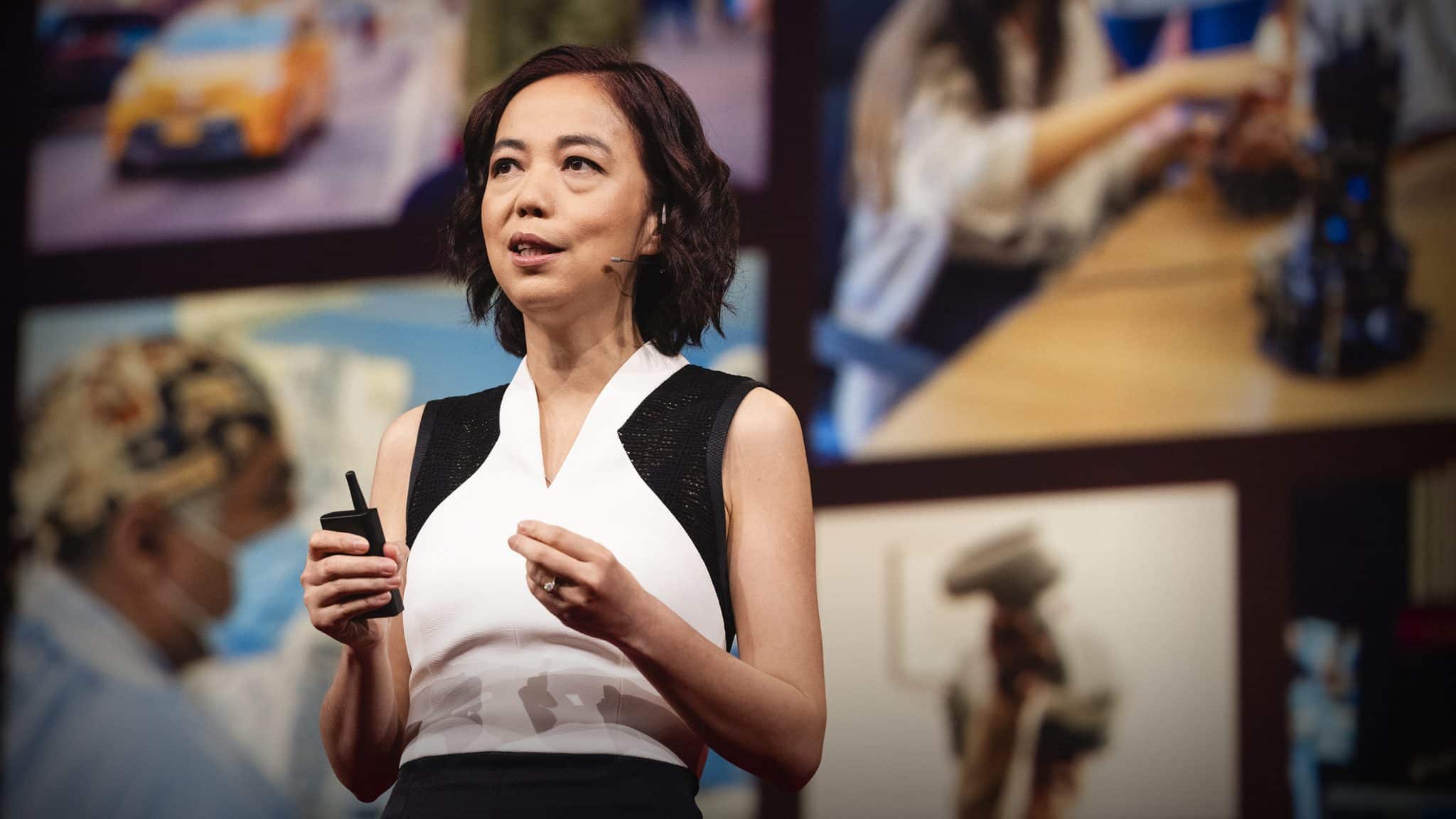 Fei-Fei Li, experte en intelligence artificielle, s’exprimant lors d’une conférence sur une IA centrée sur l’humain