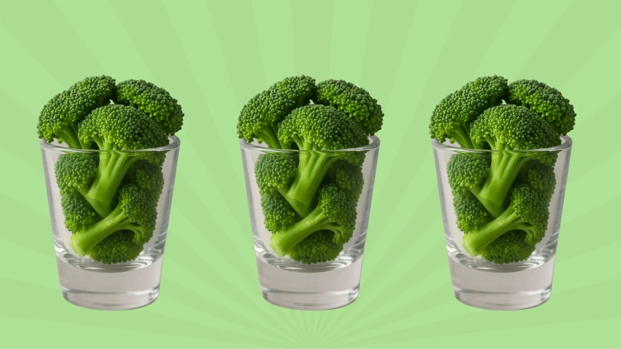 verres remplis de brocoli illustrant le concept de shot de brocoli pour la santé et la nutrition