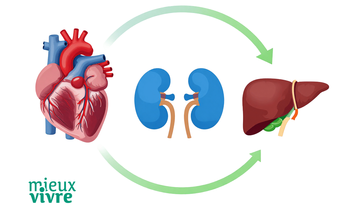 Syndrome CKM et cancer Graphique montrant l'interaction entre les systèmes cardiovasculaire, rénal et métabolique.