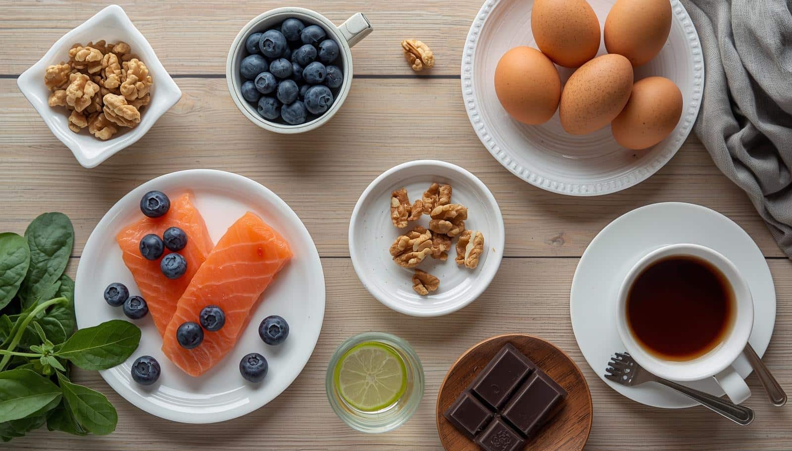 Aliments bons pour la mémoire avec saumon, myrtilles, noix, œufs, chocolat noir et café sur une table en bois