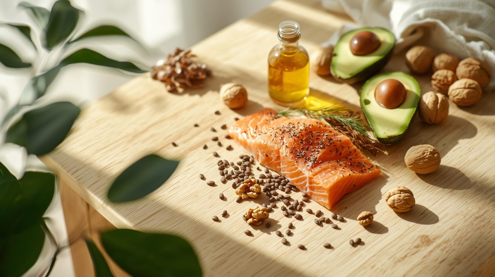 Aliments riches en oméga-3 : saumon, avocat, noix et graines sur une table en bois