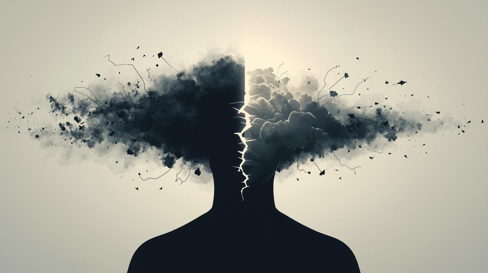 Silhouette humaine avec un cerveau divisé entre chaos sombre et clarté, illustrant les idées reçues sur la santé mentale