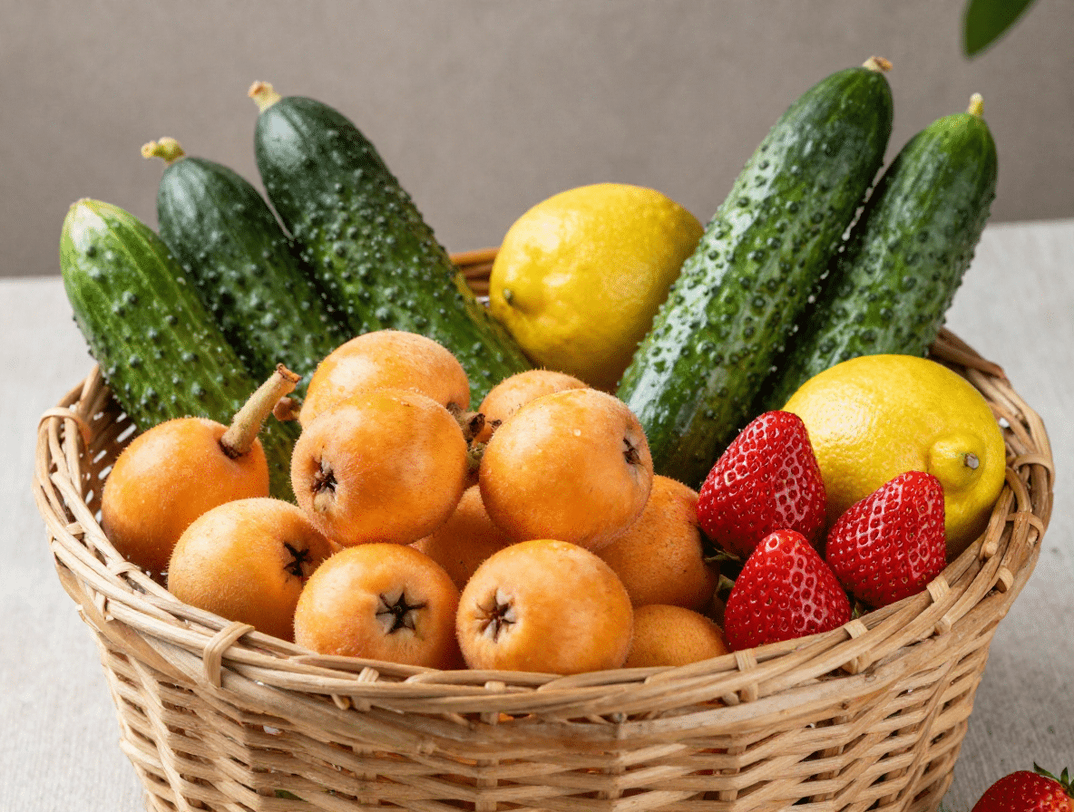 des fruits et légumes de saison mai Maroc comme des fraises rouges et des nèfles (Mzah).