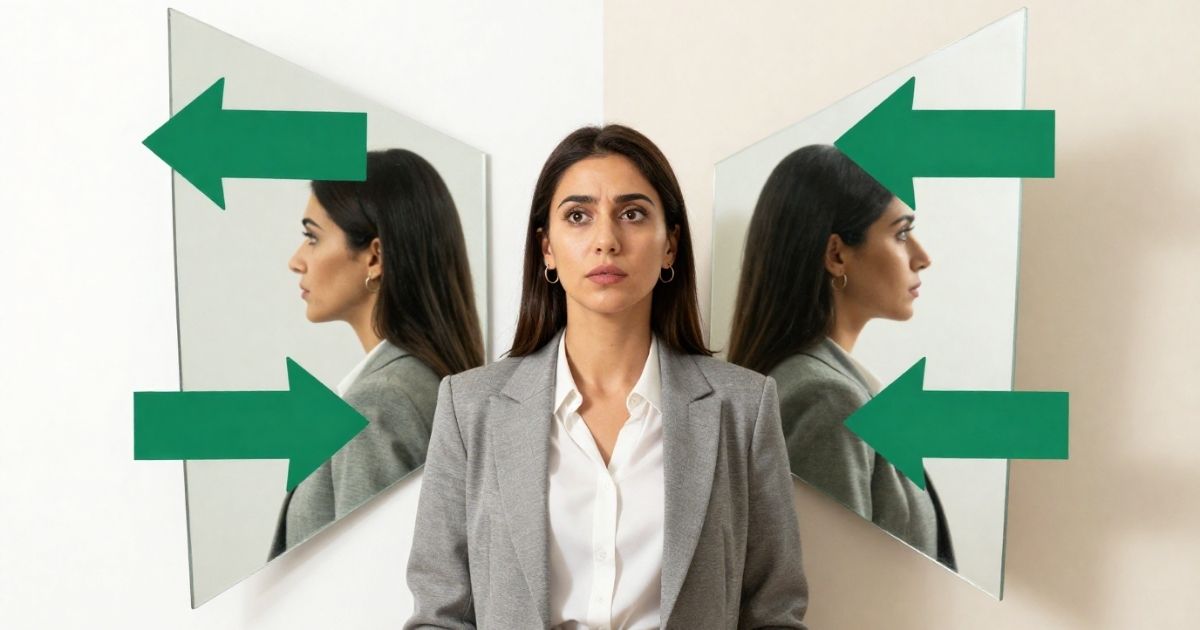 ne femme pensive assise dans un espace lumineux et épuré, symbolisant la réflexion et l'équilibre de vie et la dissonance cognitive.